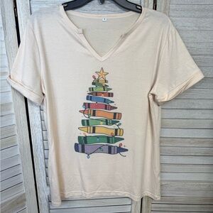 Beige T-Shirt with Colorful Crayon Christmas Tree
